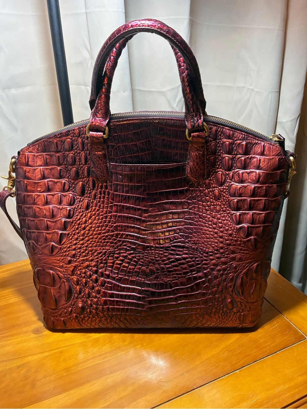 Duxbury Structured Croc-Embossed Top-Handle Bag in Deep Burgundy - Picture 2 of 5